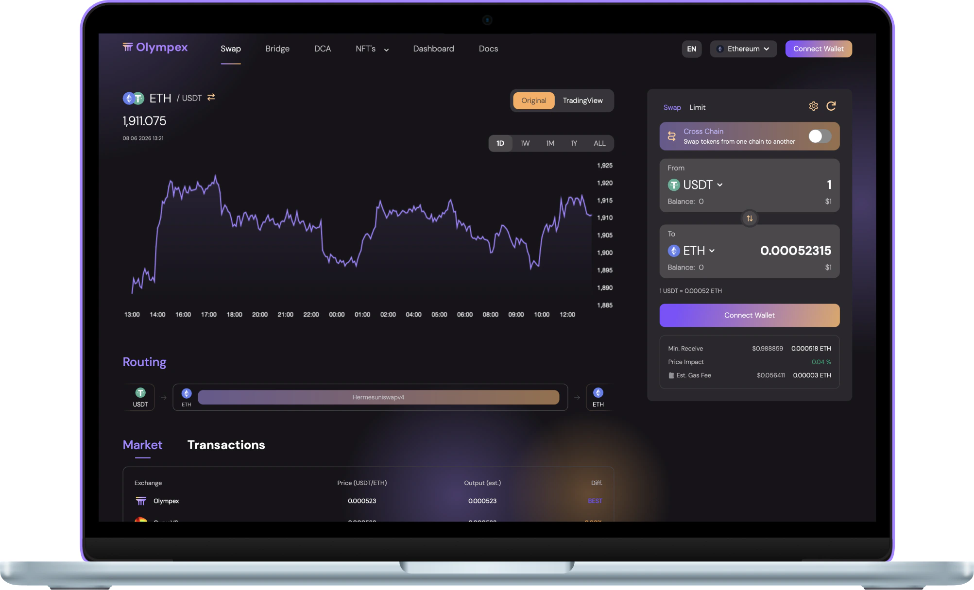 Olympex trading app running in production on a MacBook: live ETH/USDT chart, cross-chain swap panel, and routing view